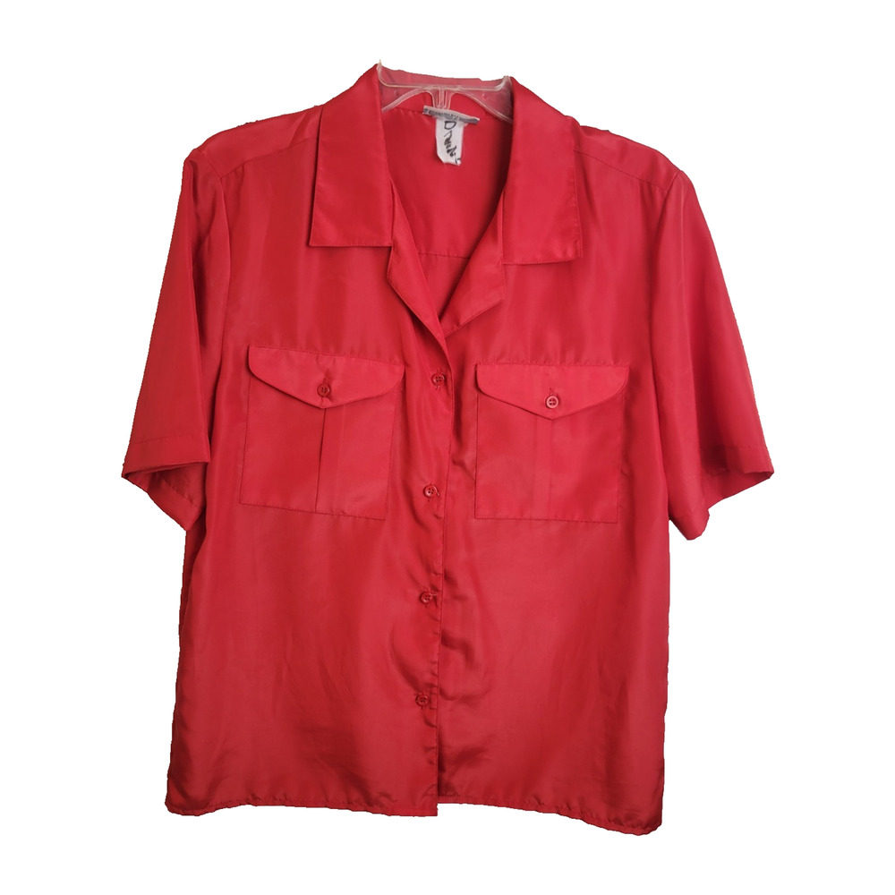 Laura Mae Red‎ Pockets Slick Button Front Short Sleeve Top Women's Size 12/14